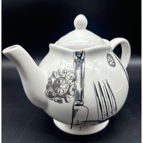 Magenta Exclusives White w/ Black Fork Spoon Knife Graphics Ceramic Teapot 80oz - Picture 2 of 10